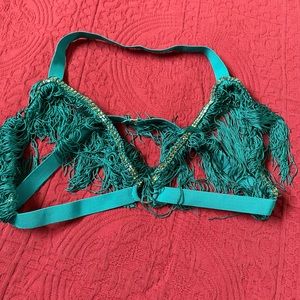 Custom made fringe cup less bra top with diamonds size M/L dance lingerie